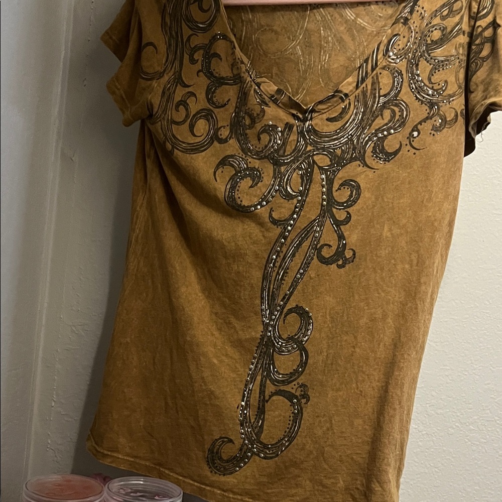 Brown V-Neck Y2K long tank with rhinestones